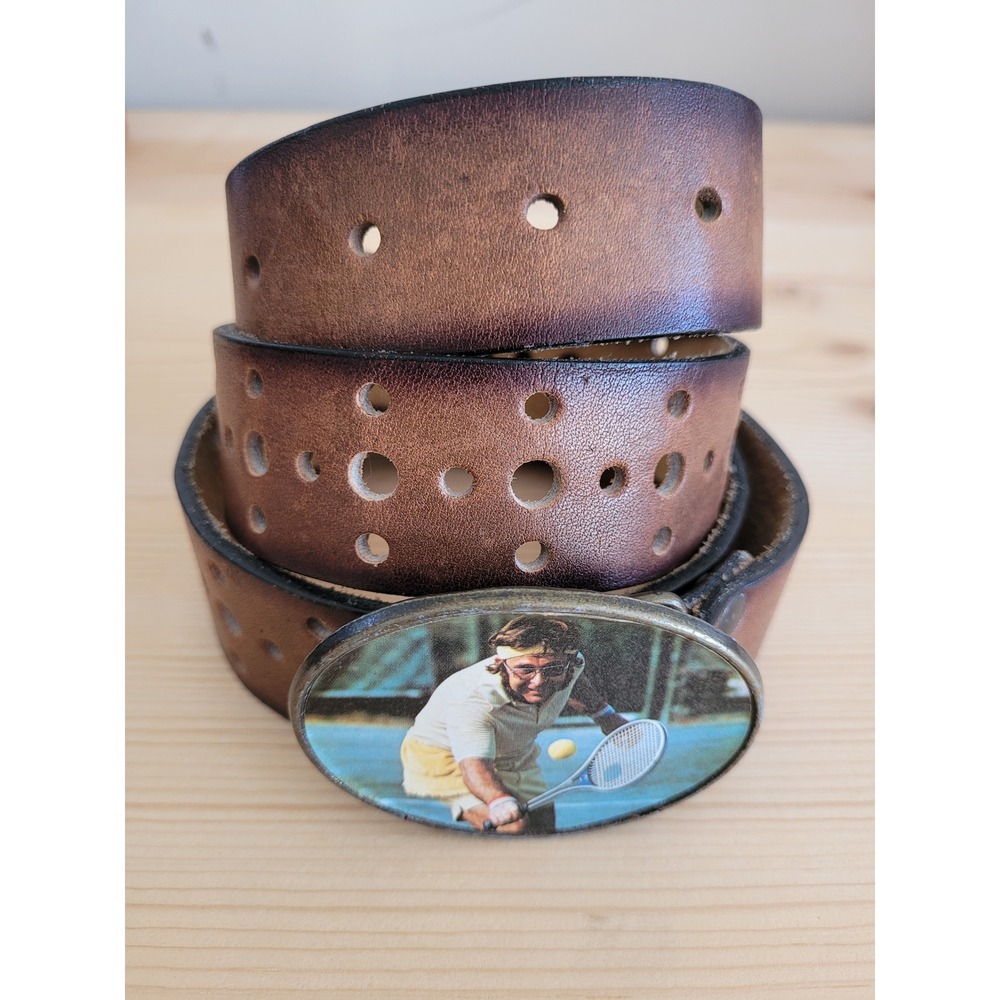 Vintage Mens Brown Leather Belt Tennis Player Novelty Buckle Perforated Retro 24